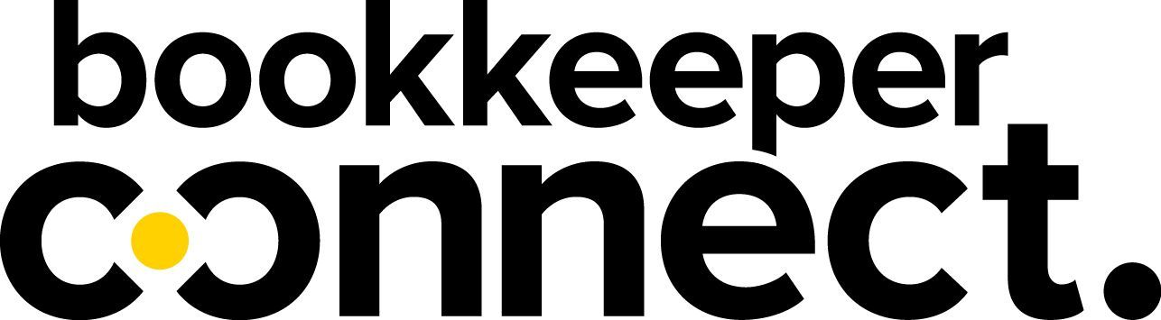 The logo for bookkeeper connect is black and yellow on a white background.