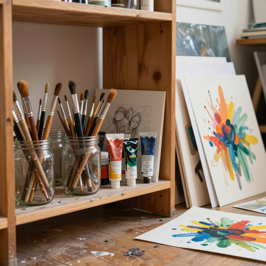 Een plank in een kunststudio met penselen, tubes verf en kleurrijke abstracte schilderijen op een houten bureau.