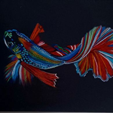 Kleurrijke abstracte vissen met vloeiende rode, blauwe en groene vinnen op een donkere achtergrond.