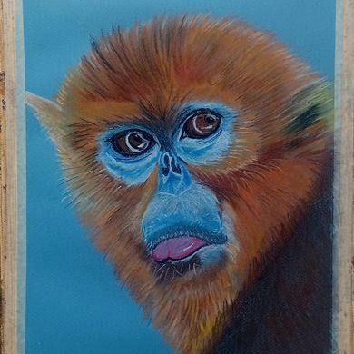 Kleurrijk schilderij van een apengezicht met blauwe ogen en een roze neus op een blauwe achtergrond.