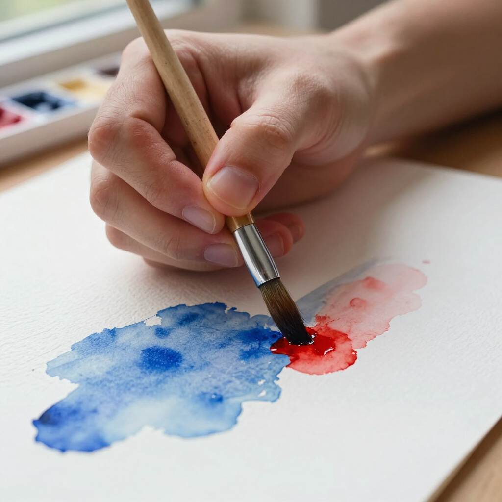 Een hand houdt een penseel vast en mengt blauwe en rode waterverf op wit papier.