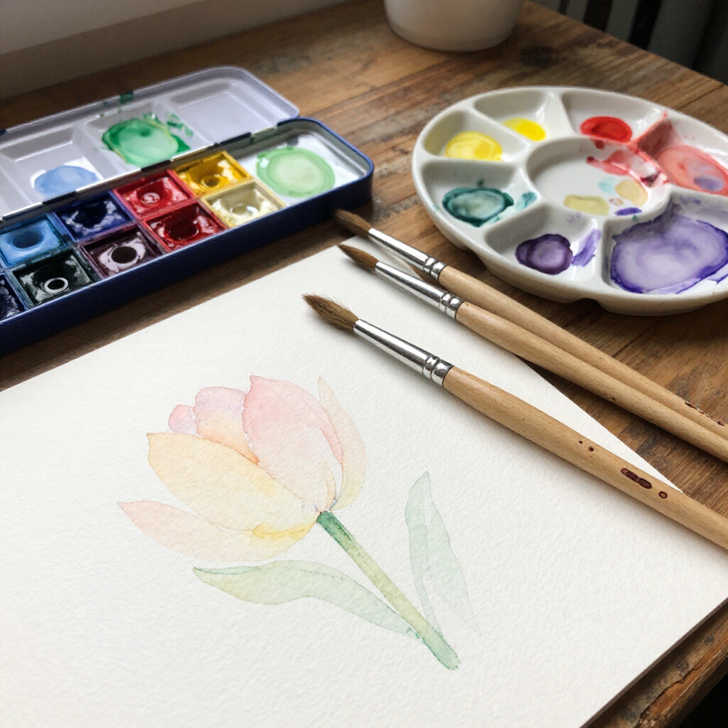 Aquarelverf en een vage pasteltekening van een bloem op papier, op een houten bureau.