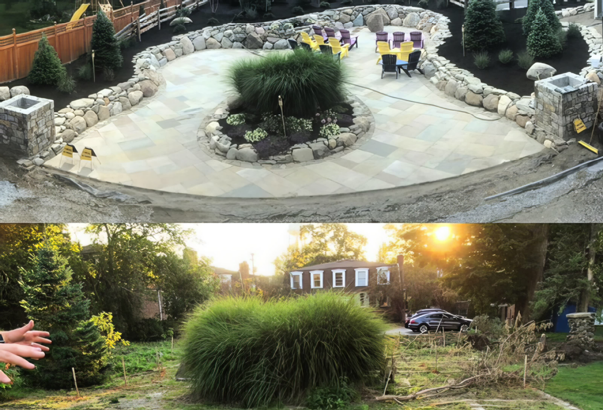 A before and after photo of a backyard with a patio