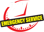 A logo for an emergency service company with a clock in the background.