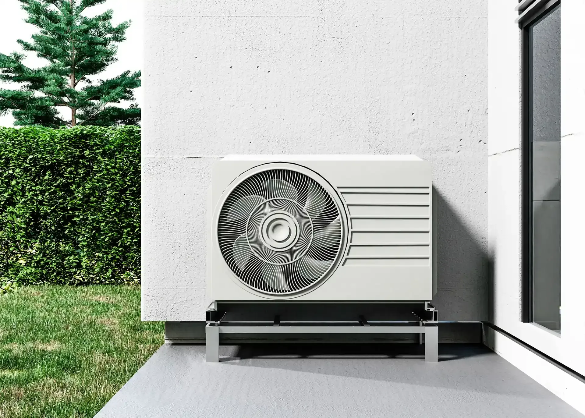 Heat pump unit mounted on a stand, outdoors next to a building and greenery.
