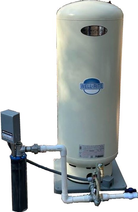 A white water tank with pipes attached to it.