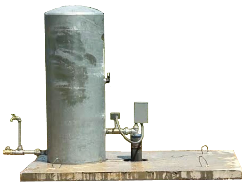 A metal tank with a faucet attached to it is sitting on top of a wooden platform.