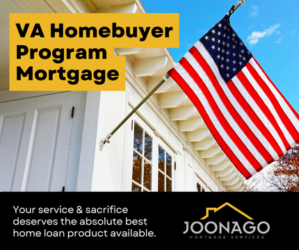 An advertisement for va homebuyer program with joonago mortgage with an american flag