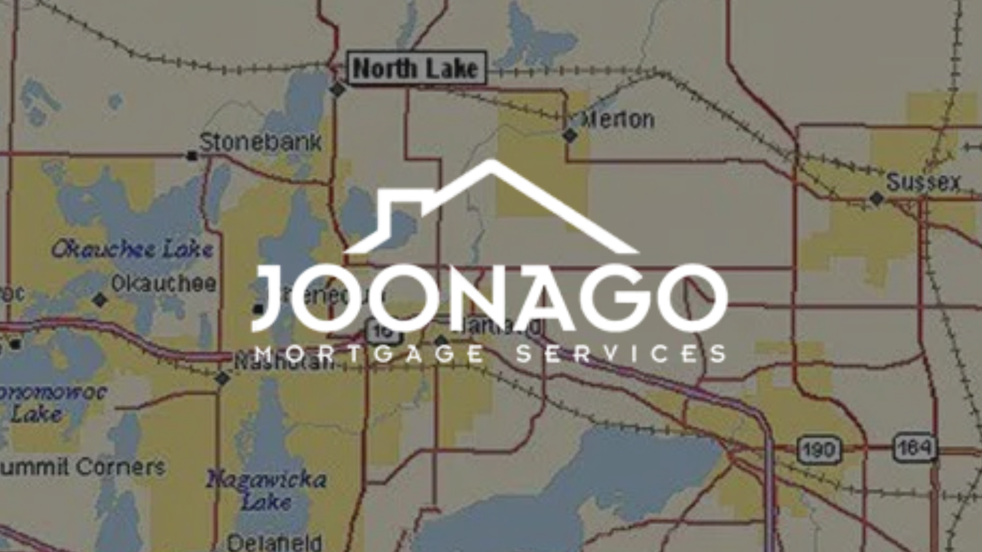 Map with the Joonago Mortgage Services logo overlaid, featuring towns like North Lake and Okauchee Lake.