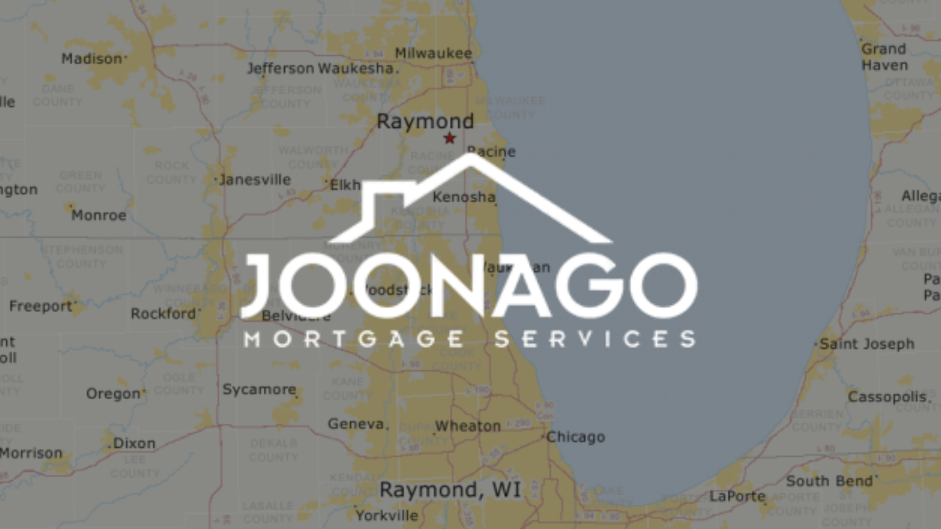 Joonago Mortgage Services logo over a map, highlighting the area around Raymond WI and surrounding areas.