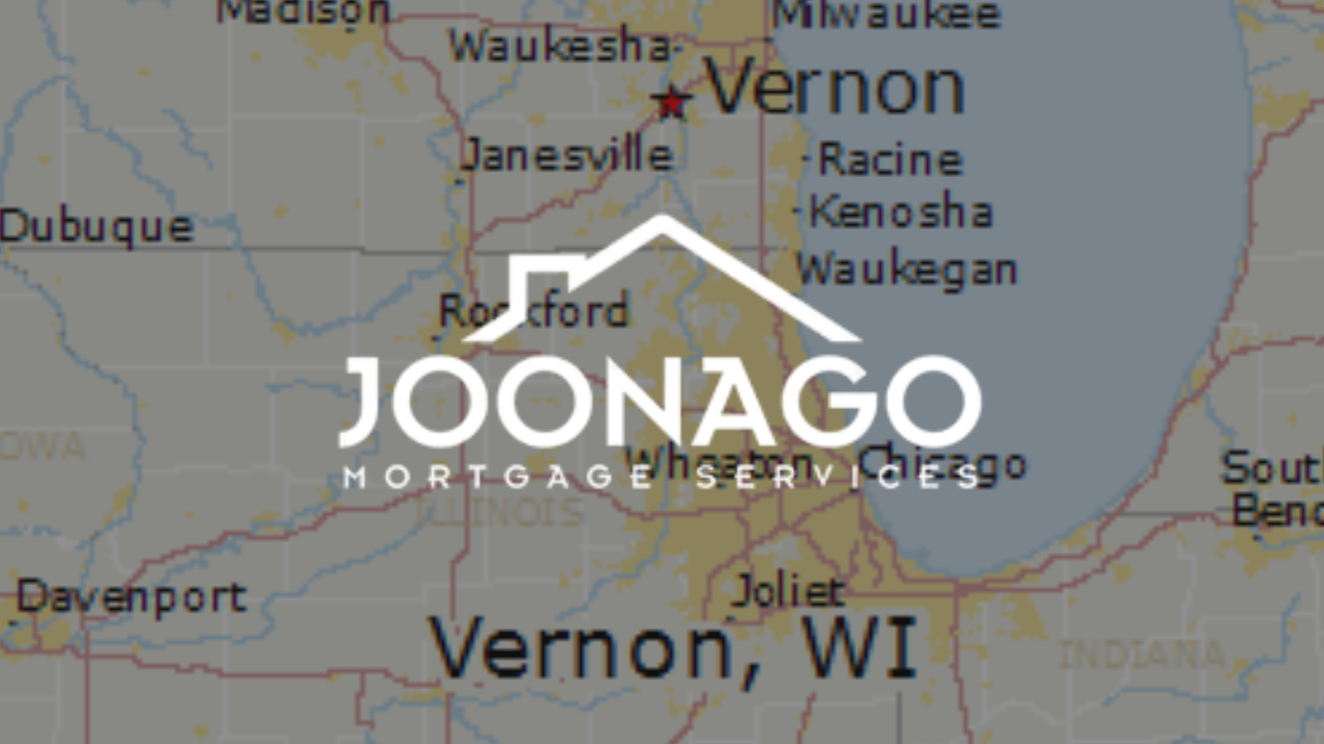 Map of Vernon, WI, with the JOONAGO Mortgage Services logo overlaid.