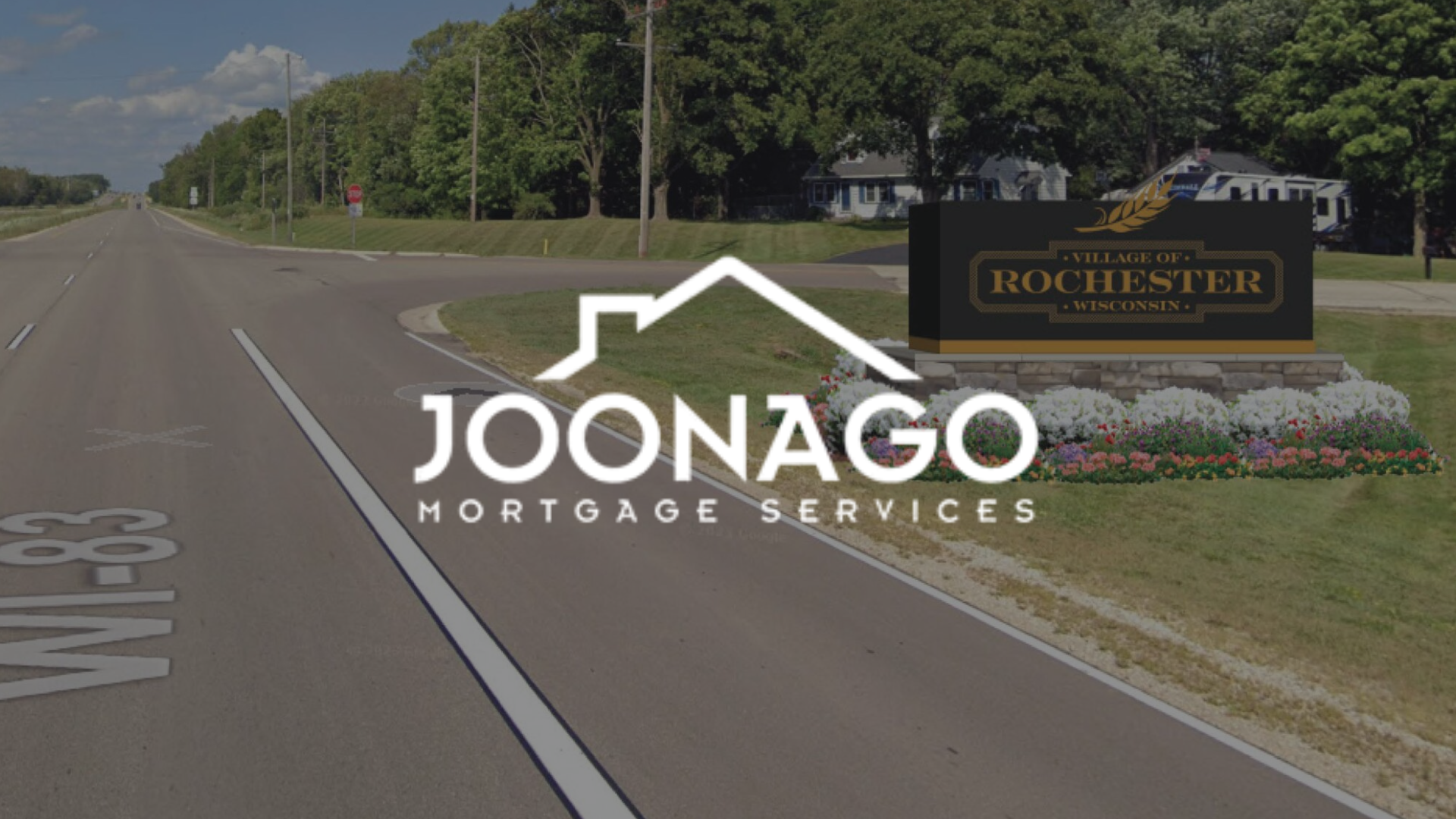 Joonago Mortgage Services logo overlaid on a view of the City of Rochester entrance sign.