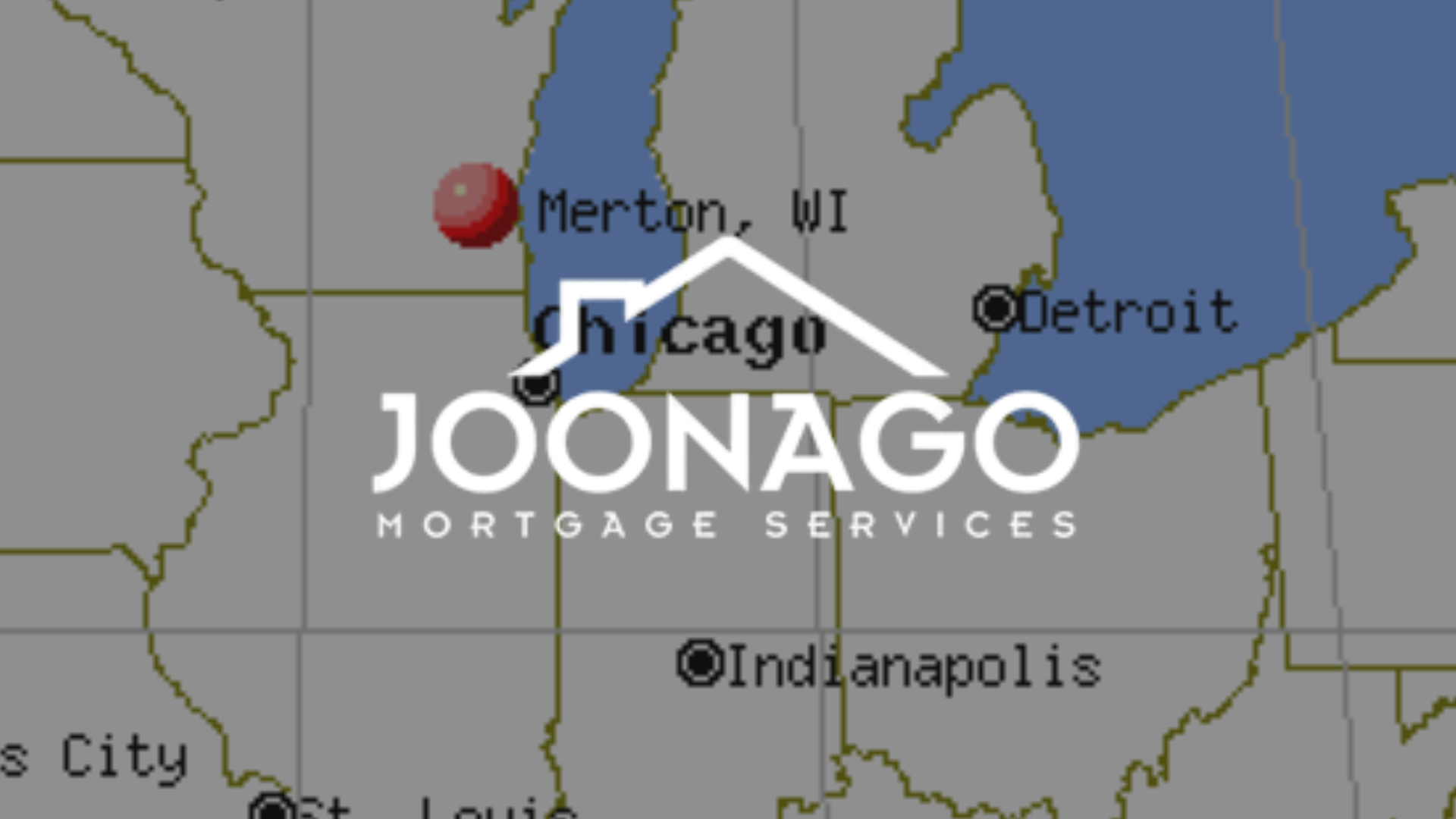 Map highlighting Merton, WI, with a Joonago Mortgage Services logo overlayed in the center.