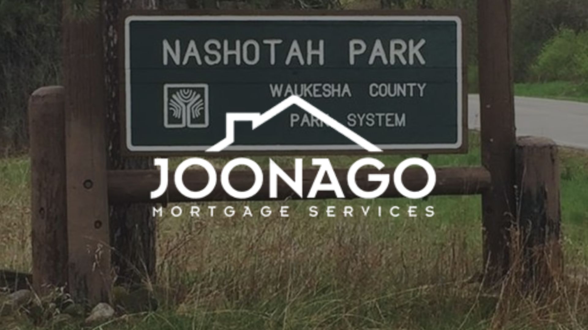 Sign for Nashotah Park in Waukesha County, with a Joonago Mortgage Services logo overlaid.