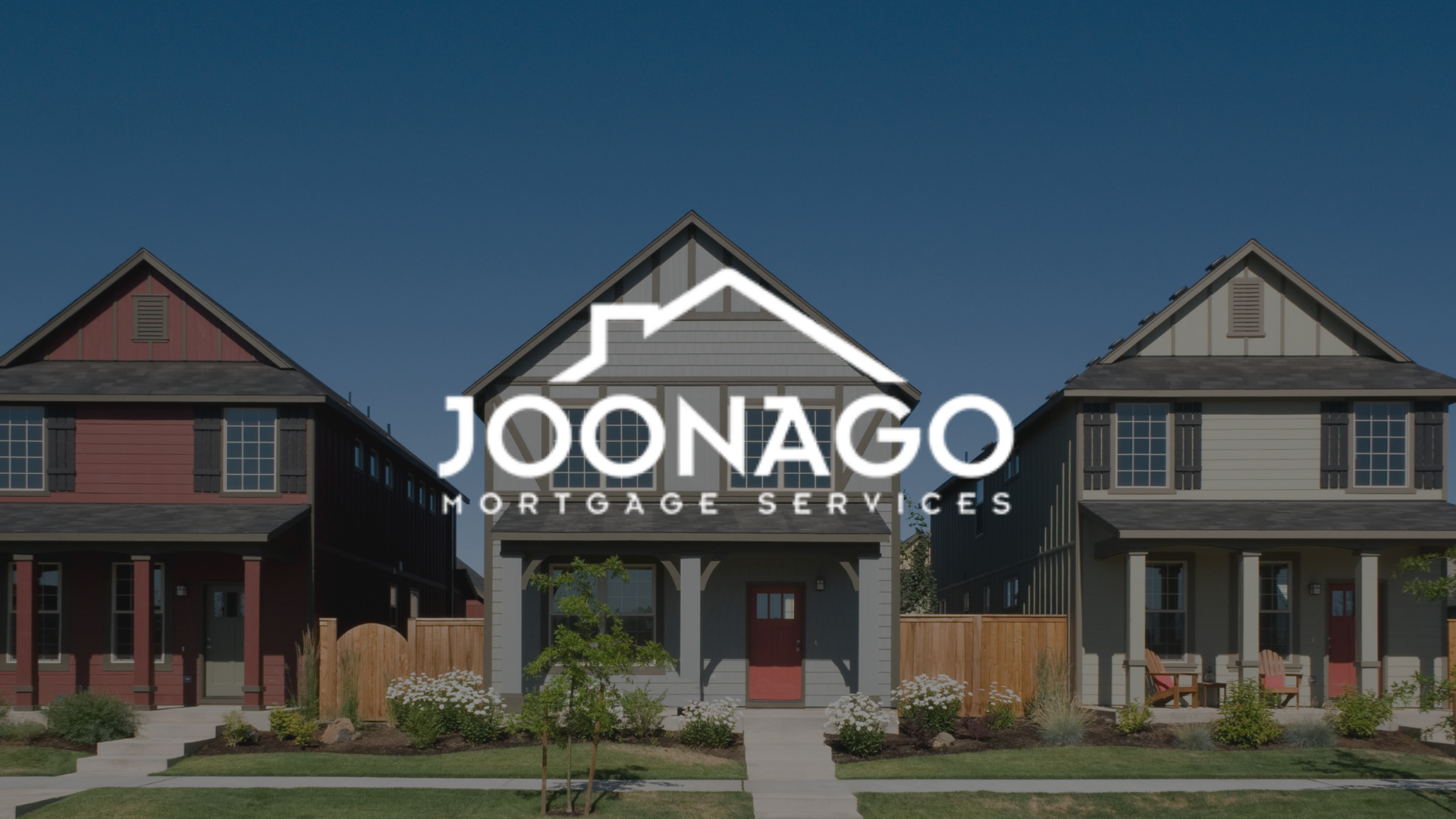 A row of houses with a logo for joonago mortgage services