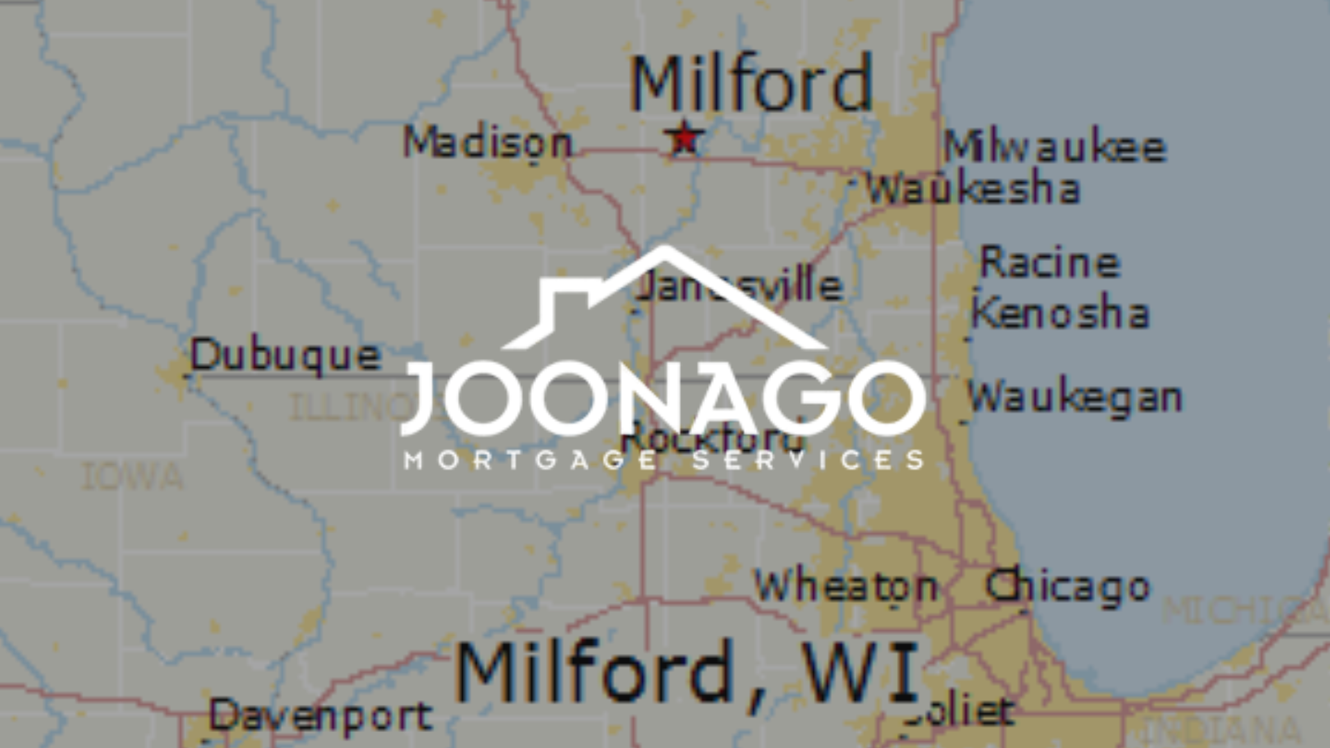 A map showing the location of milford in wisconsin with joonago mortgage services logo on top