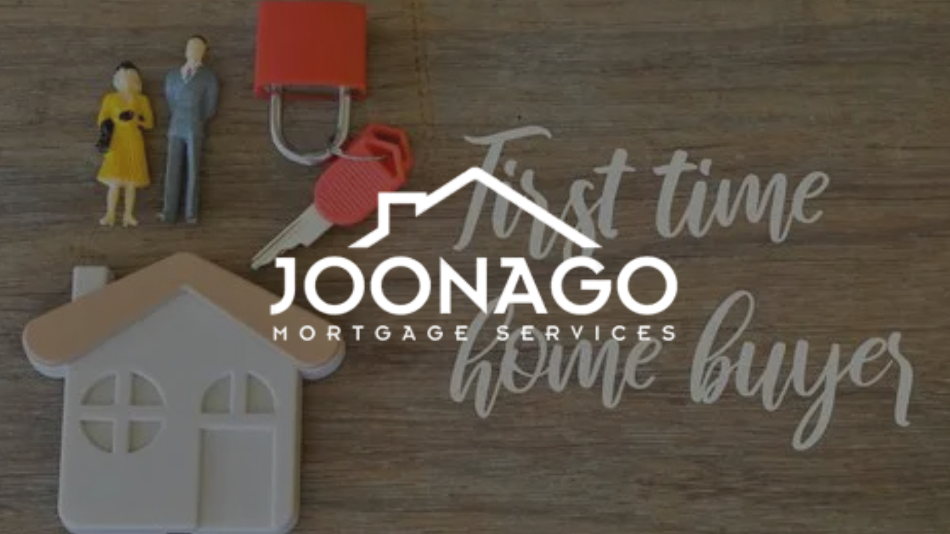Mortgage services ad with small house, key, lock, figurines, and text 
