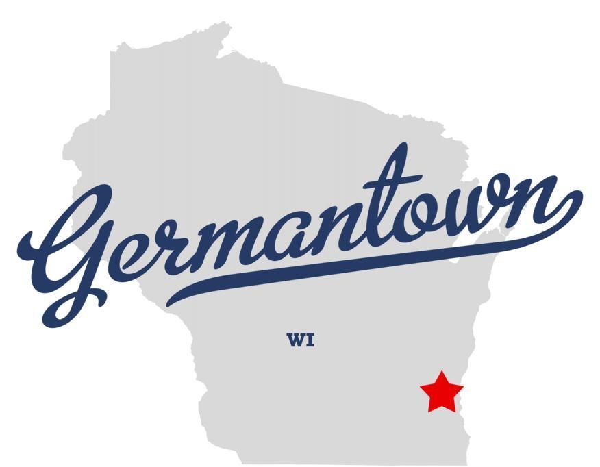 A logo for germantown wi with a map of the state