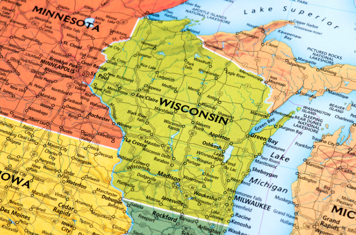 A close up of a map showing the state of wisconsin