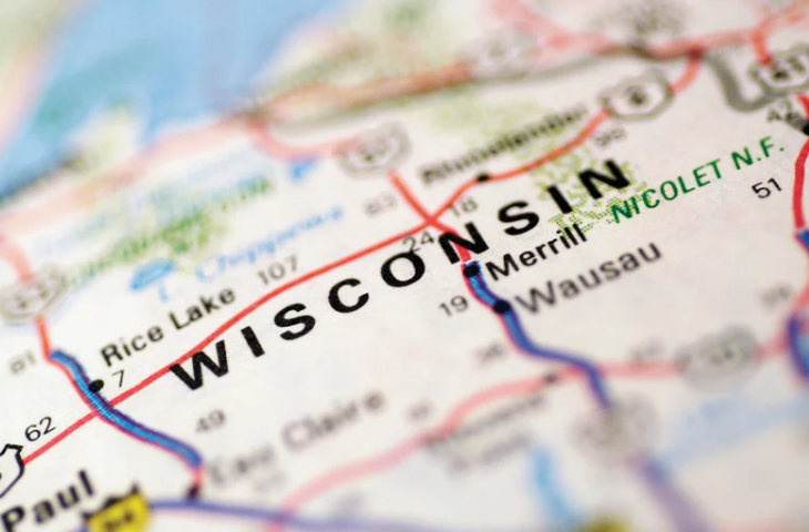 A close up of a map showing the state of wisconsin