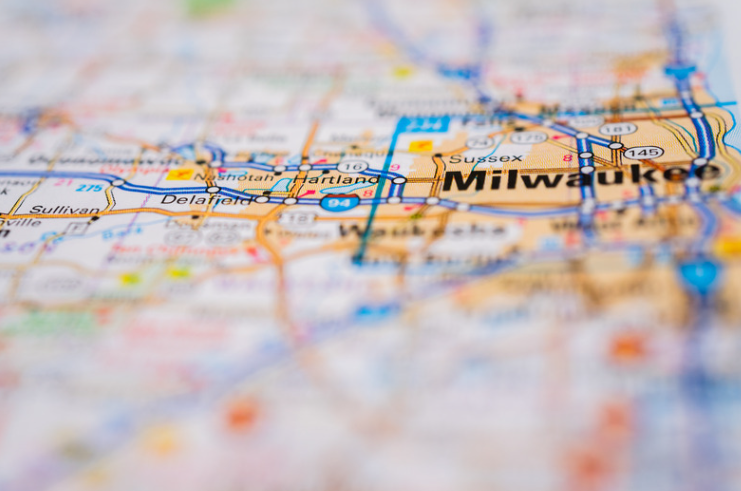 A close up of a map showing the location of milwaukee.