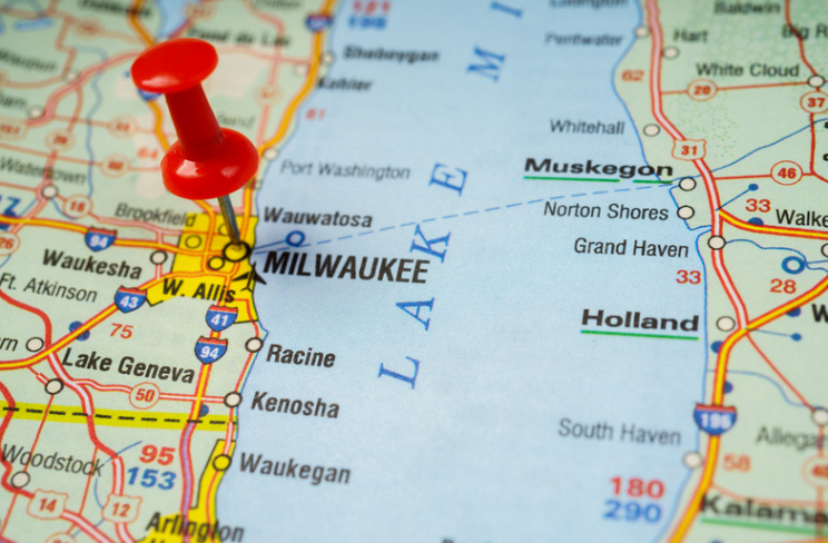 A map of milwaukee with a red pin on it