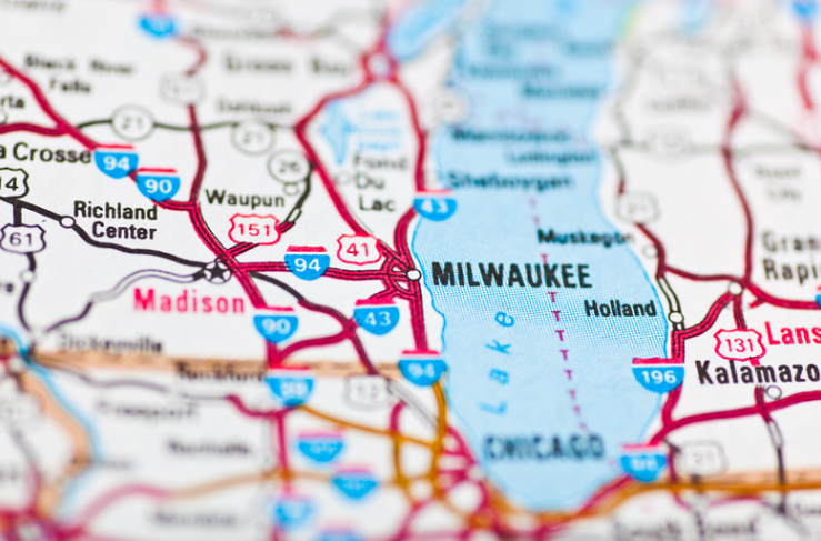 A close up of a map showing the location of milwaukee