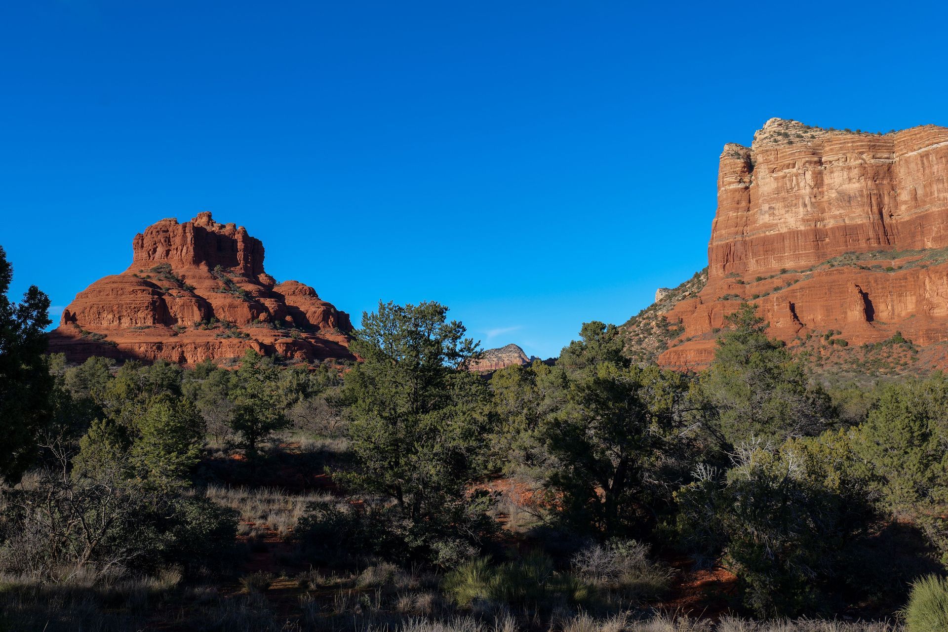 Red rock cliffs and desert brush under a clear blue sky