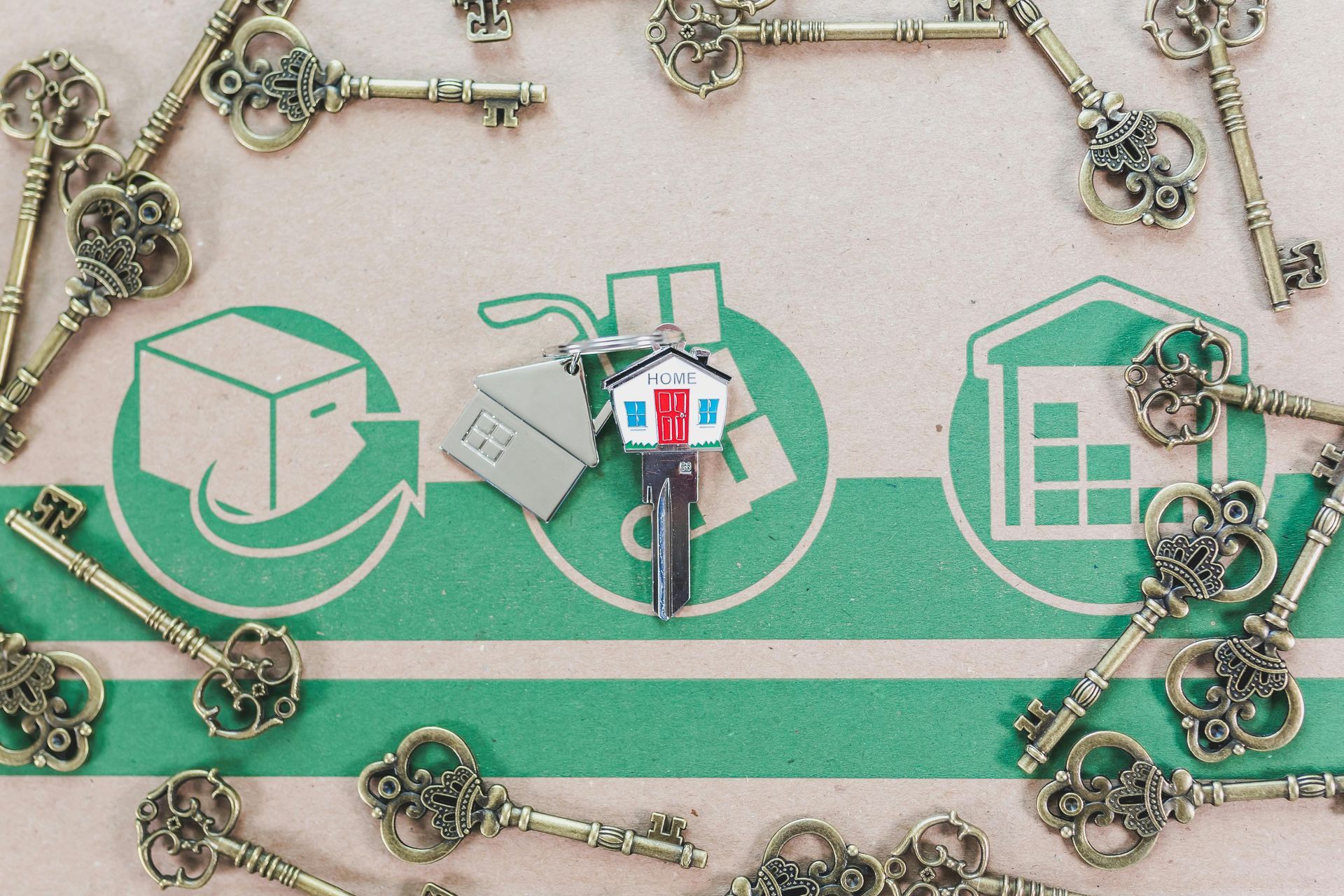 A key with a house-shaped charm sits on a cardboard box printed with green logistics icons, surrounded by ornate vintage keys.