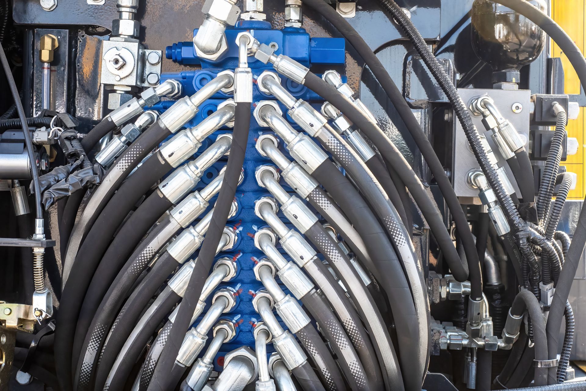 Close-up of a blue industrial hydraulic control valve manifold with numerous black hoses attached in two symmetrical rows.