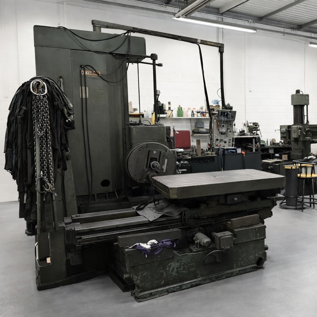 Large industrial milling machine in a workshop, with a dark green body and metal worktable. Large industrial milling machine in a workshop, with a dark green body and metal worktable.