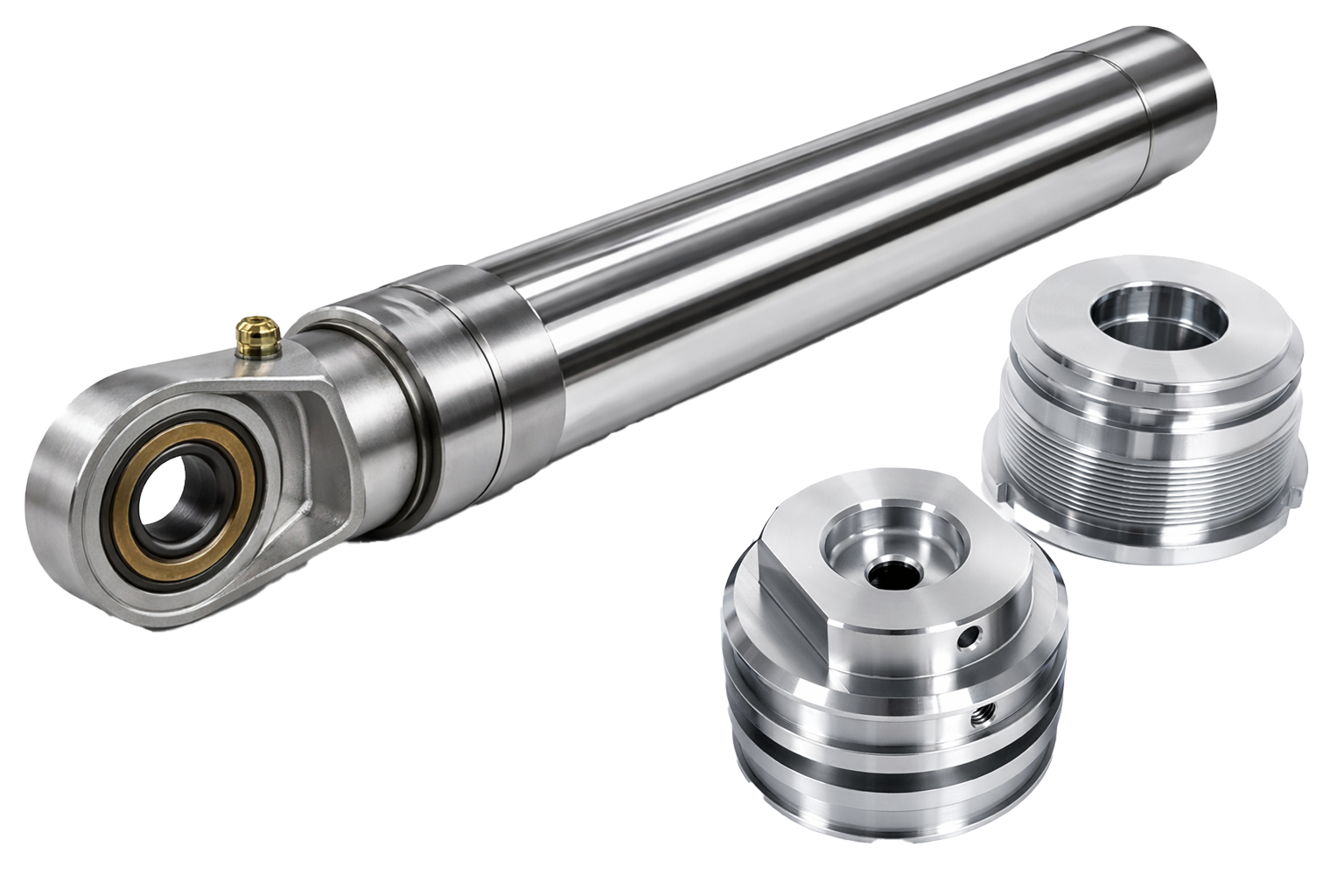 Metallic precision shaft with a bearing on one end and two threaded adapter pieces beside it Metallic precision shaft with a bearing on one end and two threaded adapter pieces beside it