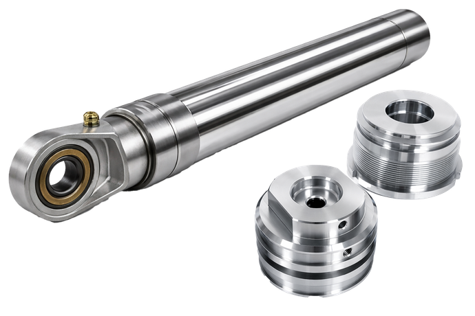 Metallic precision instrument with two threaded cylindrical adapters on a white background