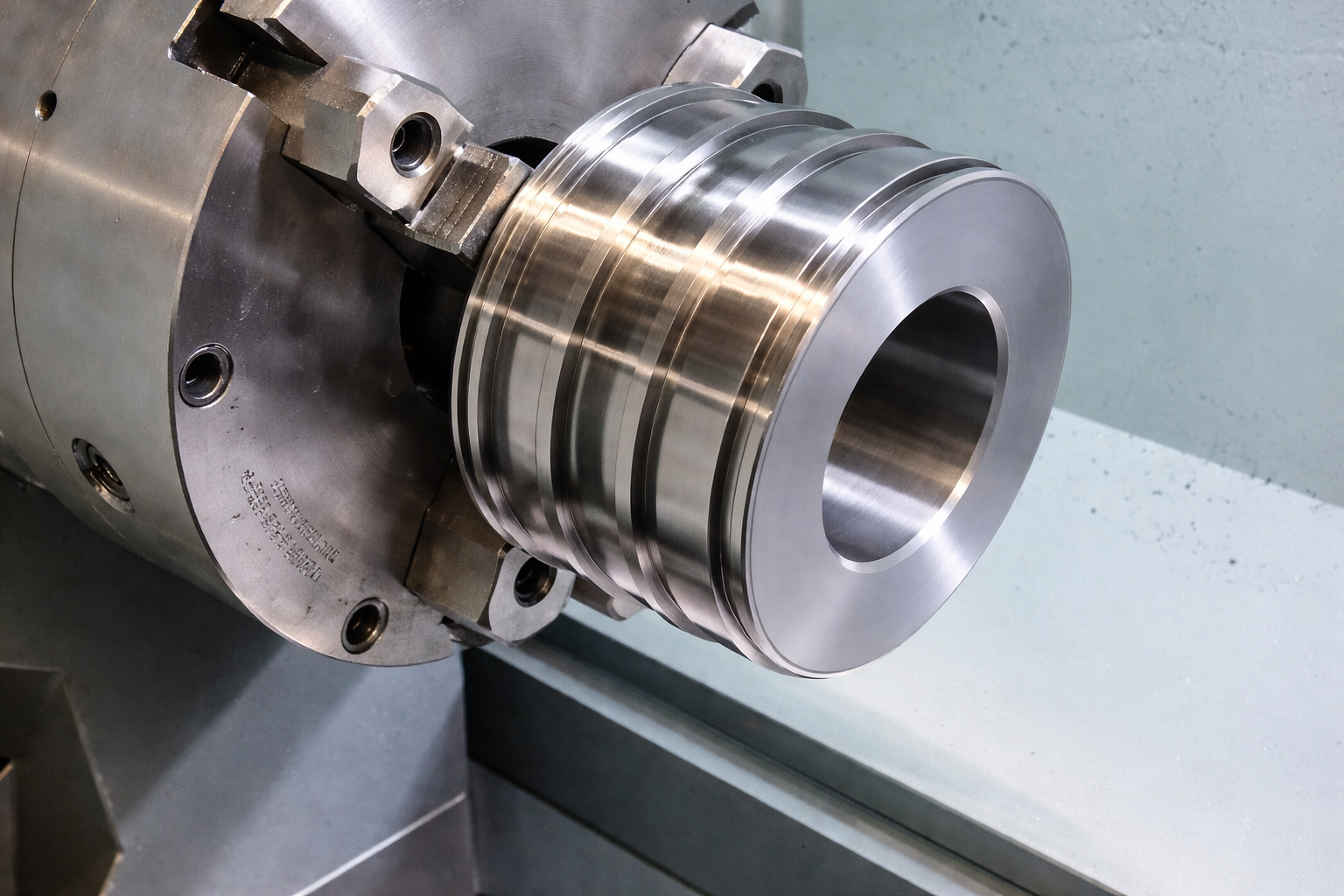 Close-up of a polished metal machine part mounted on a lathe or CNC machine.