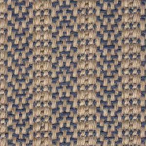 Close-up of a woven fabric with a blue and tan geometric pattern.