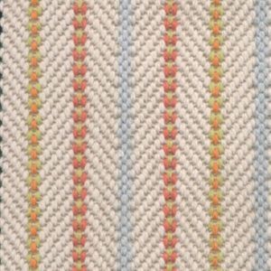 Woven textile with cream, salmon, yellow, and blue chevron pattern.
