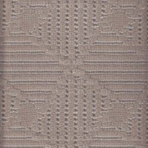 Beige patterned carpet with square geometric design.