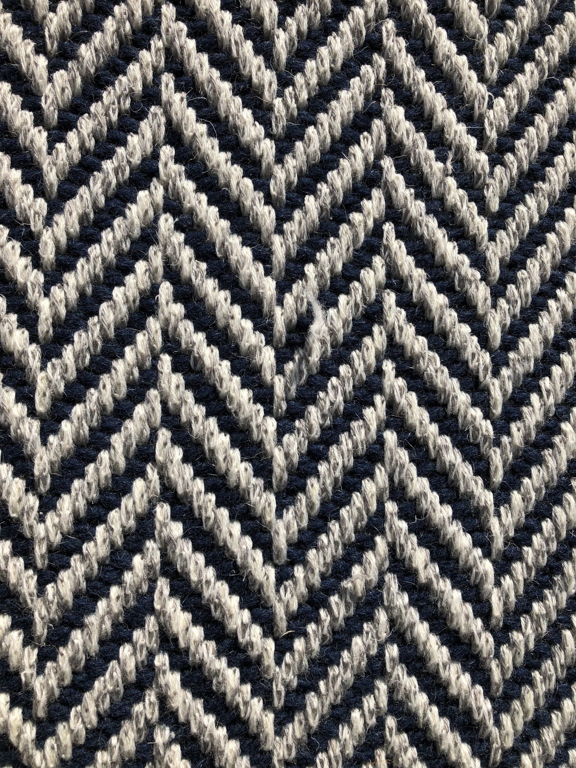 Chevron-patterned textile in navy and off-white.