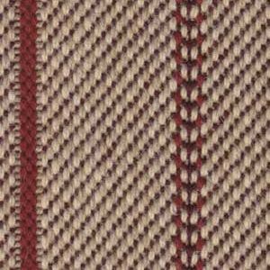 Close-up of a woven fabric with tan and brown herringbone pattern, accented by two vertical burgundy stripes.