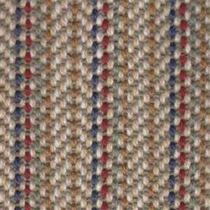 Close-up of a tweed fabric with tan, red, and blue vertical stripe pattern.