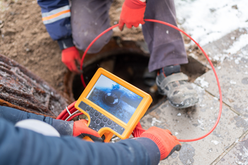 A man is using a camera to look into a manhole.