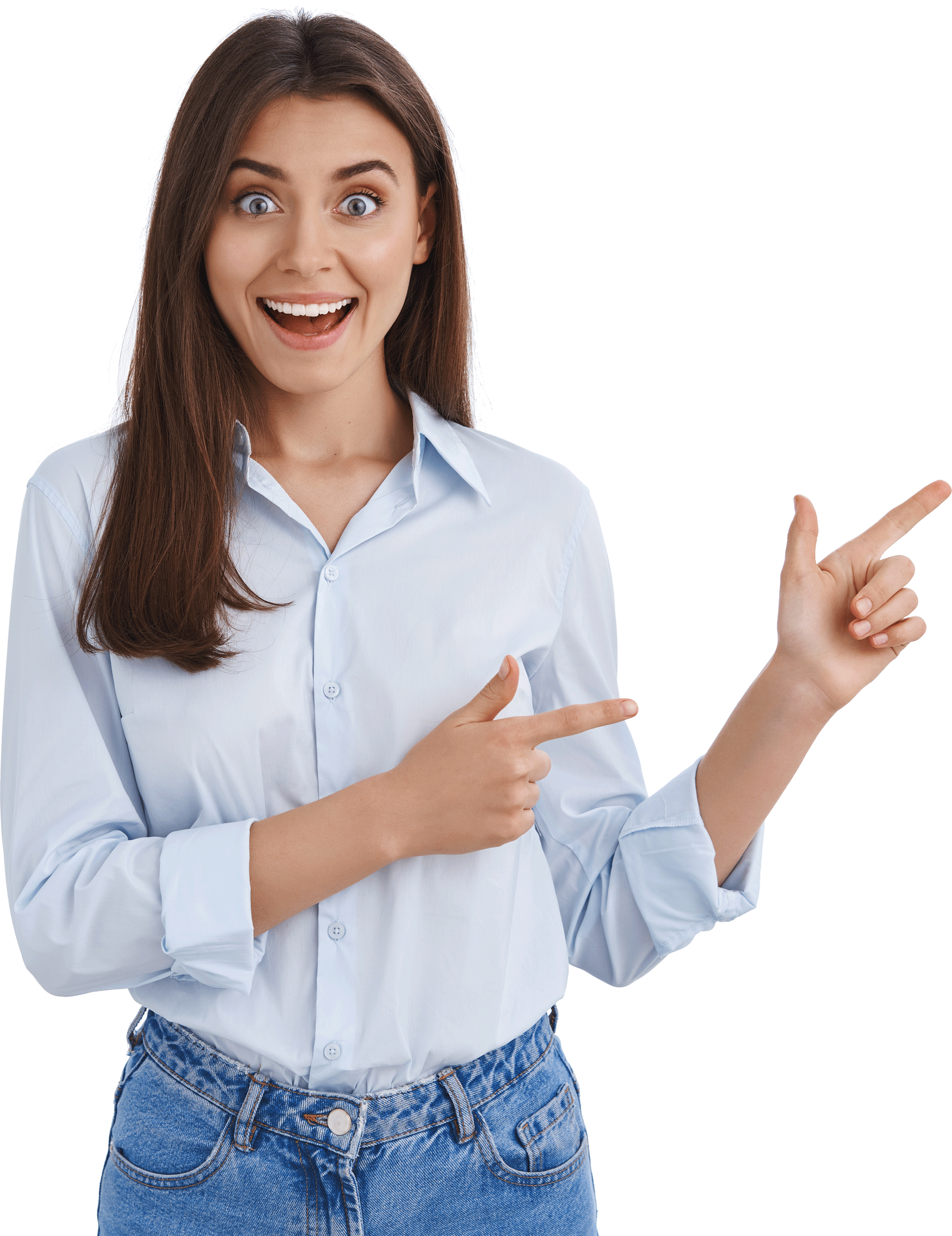 A beautiful woman pointing on her left side