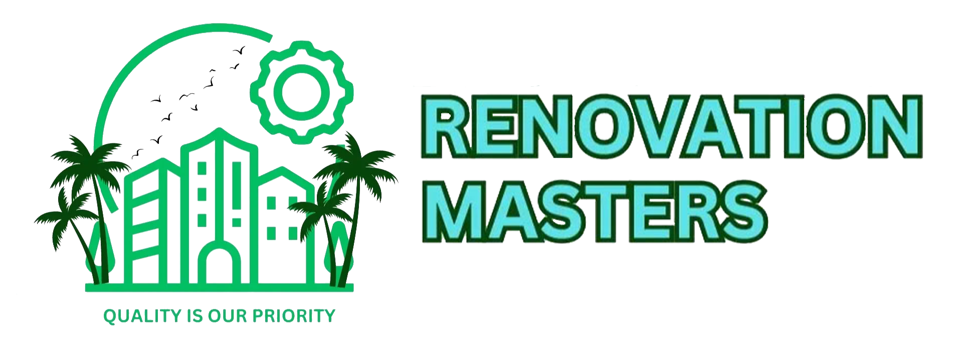 The logo for the renovation masters shows a city and palm trees.