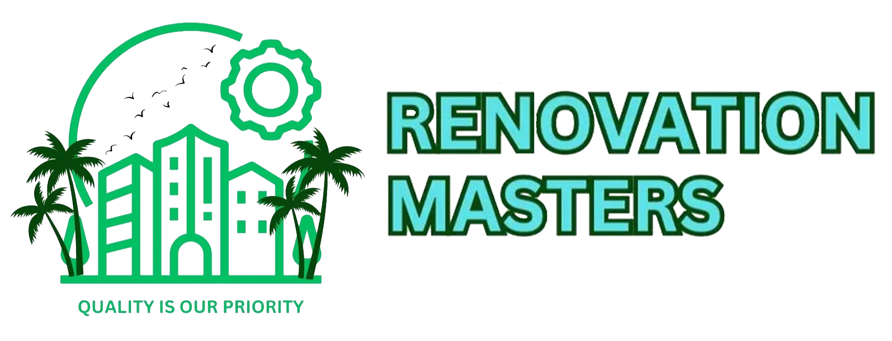 The logo for renovation masters shows a city with palm trees and buildings.
