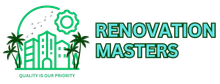 The logo for renovation masters shows a city with palm trees and buildings.