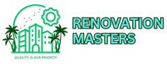 The logo for renovation masters shows a city with palm trees and buildings.