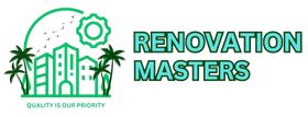 The logo for renovation masters shows a city with palm trees and buildings.