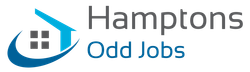Logo for Hamptons Odd Jobs, featuring a blue house icon with dark gray windows and a blue arc.