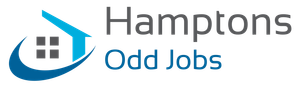 Logo for Hamptons Odd Jobs, featuring a blue house icon with dark gray windows and a blue arc.