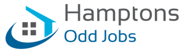 Logo for Hamptons Odd Jobs, featuring a blue house icon with dark gray windows and a blue arc.